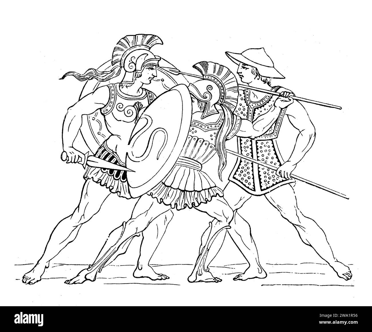 Guerriers grecs anciens combattant, représentation de gravure du 19e siècle Banque D'Images