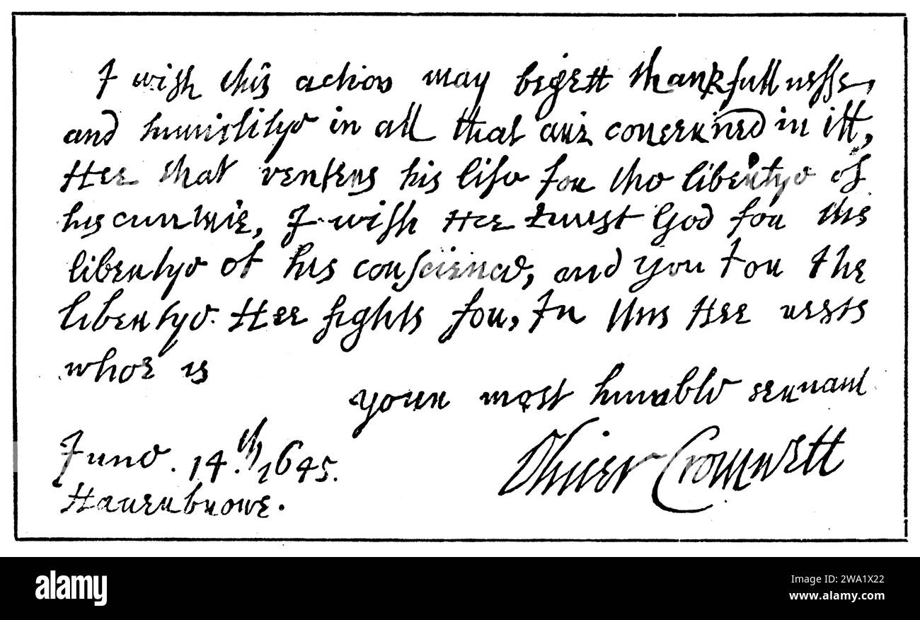 Oliver Cromwell (1599-1658), Lord protecteur britannique, lettre d'Oliver Cromwell au Parlement après la bataille de Naseby, , (livre d'histoire culturelle, 1911), Oliver Cromwell (1599-1658), britischer Lord Protector, schreiben Oliver Cromwells an das Parlament nach der Schlacht von Naseby, Text übersetzt: "ICH wünsche, dieses Treffen möge Dankbarkeil und Demut BEI Allen erzeugen, die es angeht. Wer sein Leben wagt für die Freiheit seines Landes,von dem wünsche ich, dafr er Gott vertraue für die Freiheit seines Gewissens und Ende für die Freiheit, für die er kämpft. Damit verbleibt / euer ergebenster Banque D'Images