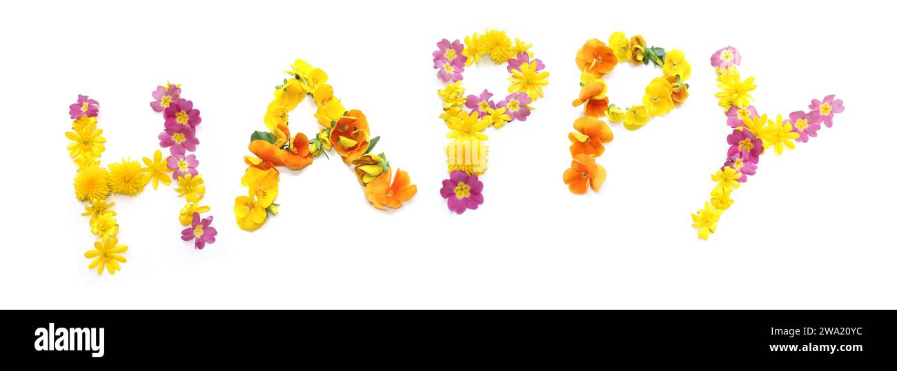 Texte HEUREUX fait de fleur jaune et rose. lettrage floral peut être utilisé comme affiche, carte postale, bon, coupon, cadeau, invitation de célébration heureux Banque D'Images