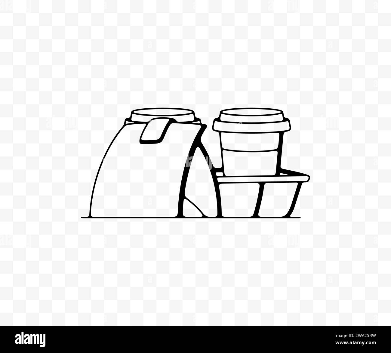 Café dans des tasses en papier et de la nourriture, conception graphique linéaire. Boisson, boisson chaude, plats à emporter, repas et boissons, conception vectorielle et illustration Illustration de Vecteur