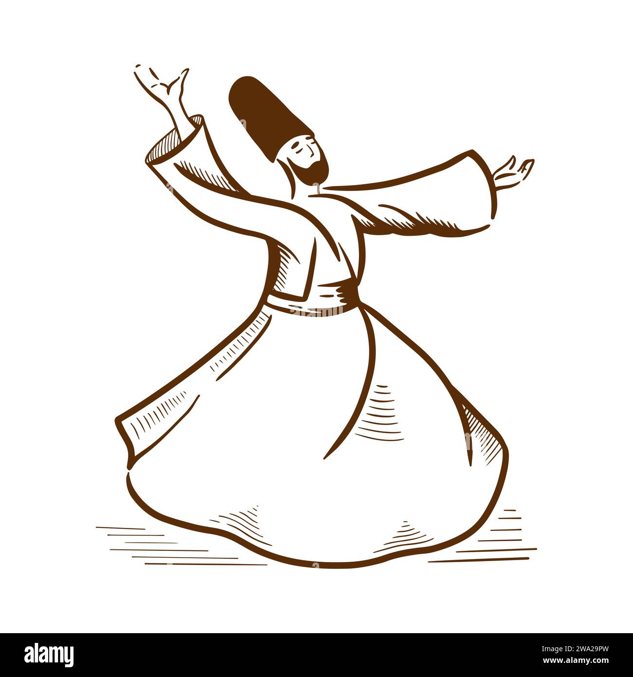 Dessin d'esquisse du symbole culturel dansant derviche de la Turquie. Design de bannière d'attractions touristiques turques. Illustration de Vecteur