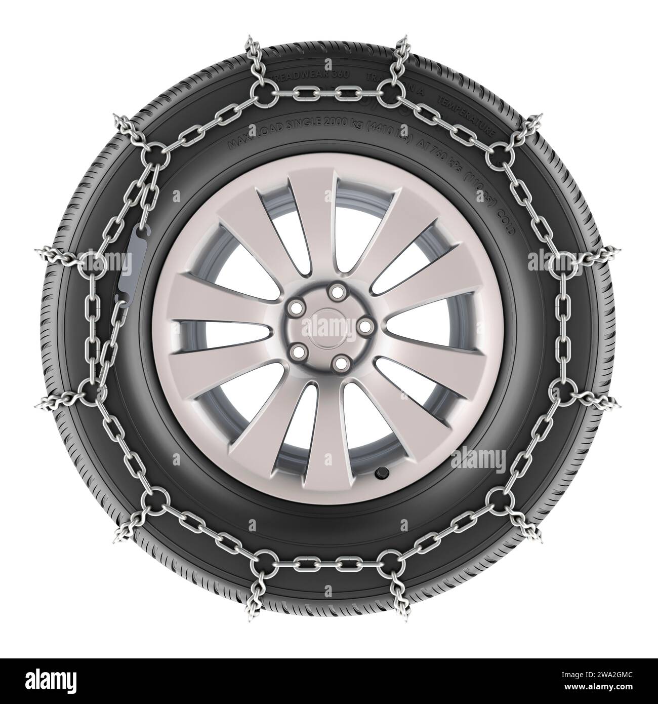 Roue de voiture avec pneu d'hiver et chaîne à neige, rendu 3D isolé sur fond blanc Banque D'Images