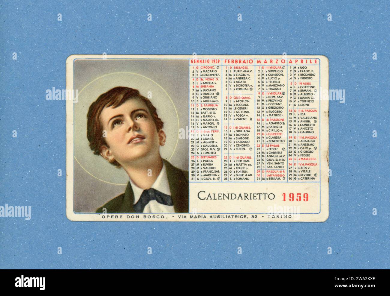 TURIN, ITALIE - 07 OCTOBRE 2023 : Calendarietto Traduction Calendrier de poche de l'année 1959 avec Saint Giovanni Bosco alias Don Bosco Banque D'Images