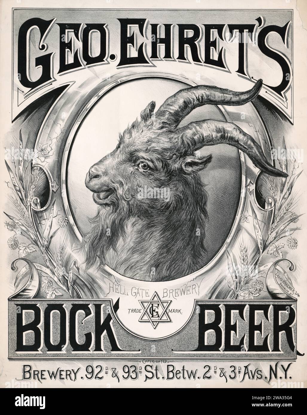 GEO. Ehret's Bock Beer, Hell Gate Brewery 1888 - Brooklyn, New York - affiche publicitaire de bière noire et blanche Banque D'Images