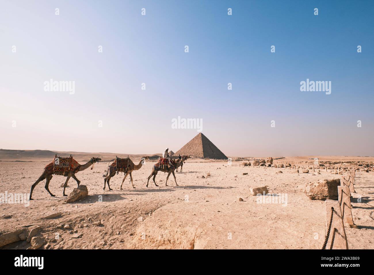 Gizeh, Egypte - décembre 24 2023 : la Pyramide de Menkaouré, la plus petite des trois pyramides du plateau de Gizeh et des chameaux, le Caire Banque D'Images