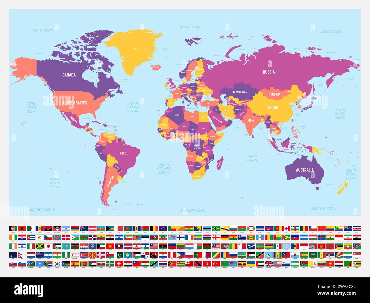 Carte politique colorée du monde avec des étiquettes de pays et d'eau. Avec ensemble de drapeaux nationaux des pays sous la carte. Illustration vectorielle. Illustration de Vecteur