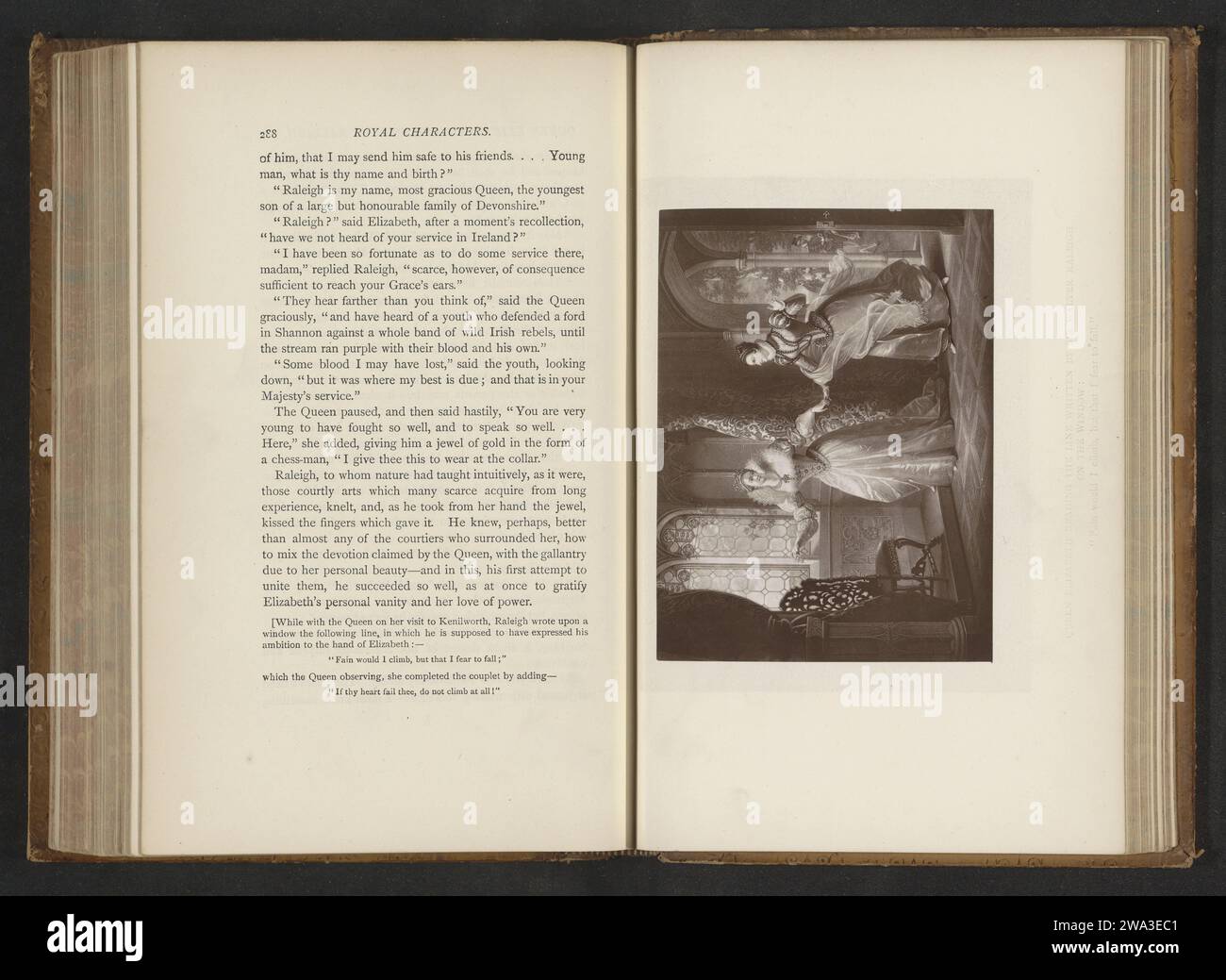 Reine Elizabeth lisant la ligne écrite par Sir Walter Raleigh sur la fenêtre, anonyme, c. 1874 - dans ou avant 1884 règle de papier d'impression photomécanique, souverain - BB - règle féminine. fenêtre fermée. intérieur  représentation d'un bâtiment Banque D'Images