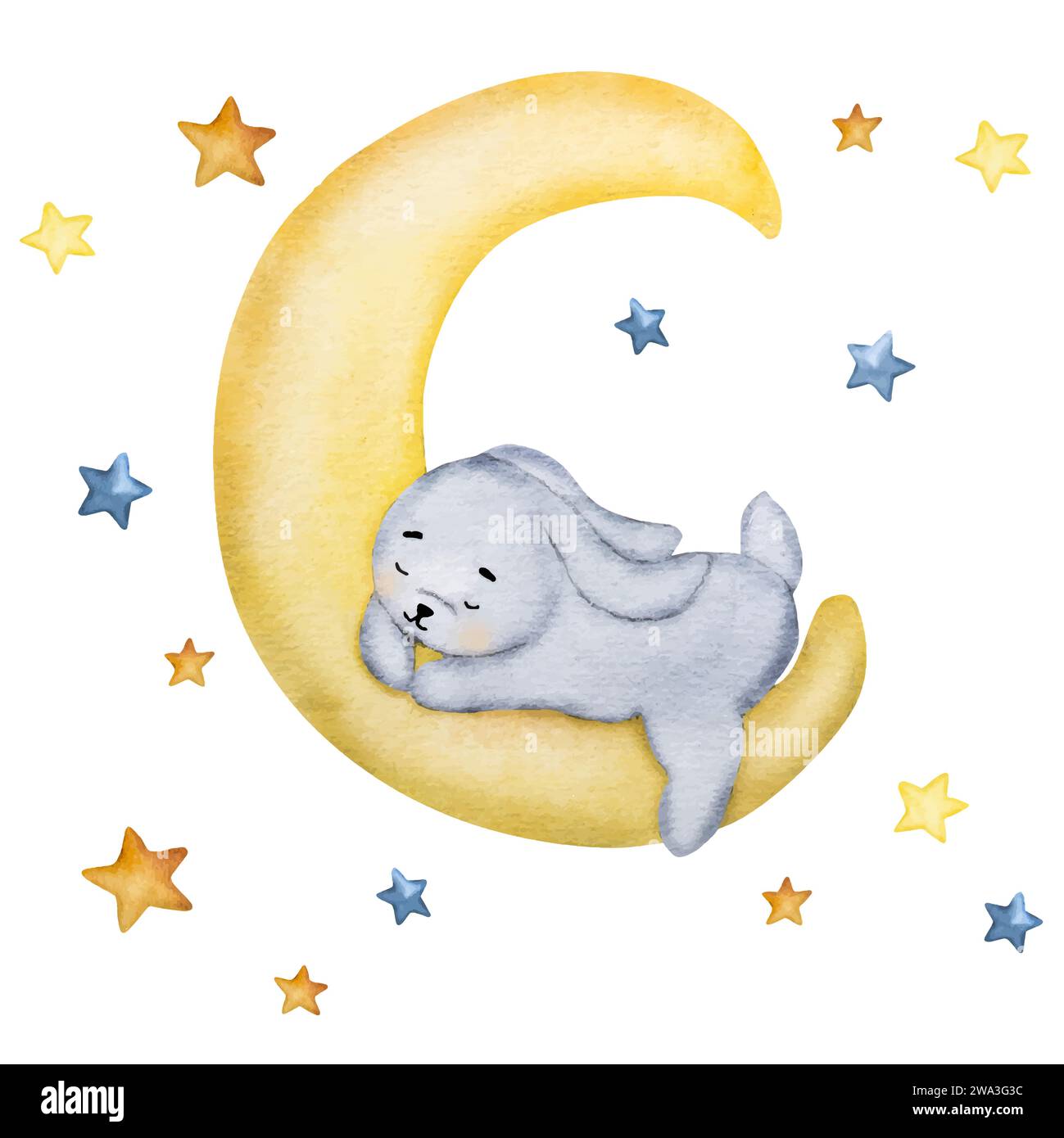 Mignon lapin dormant sur la peinture à l'aquarelle de lune pour carte postale d'enfant de bébé. Dessin aquarelle de lapin de dessin animé avec ciel étoilé pour la décoration des enfants Illustration de Vecteur
