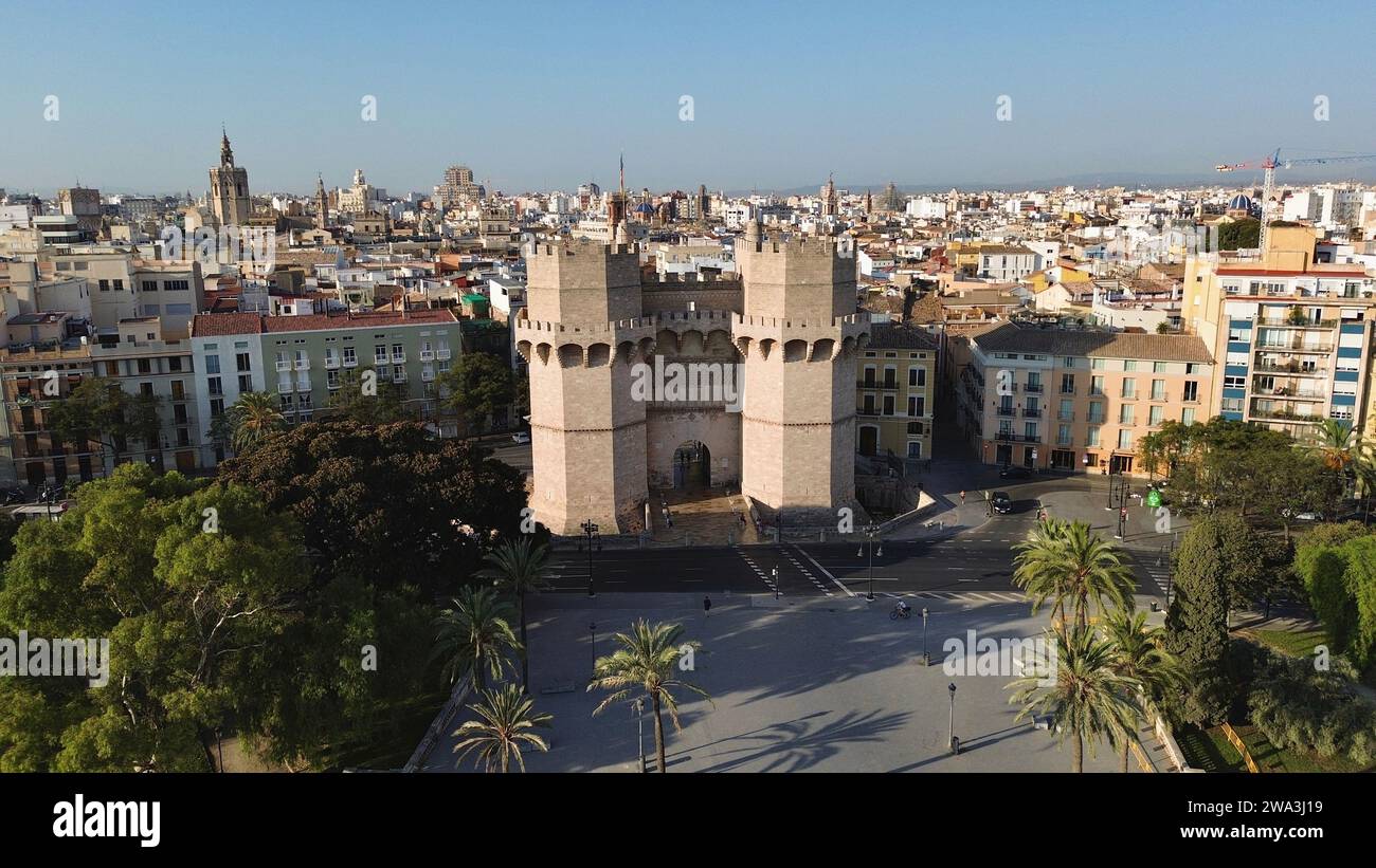 Drone photo Serranos Towers, Torres dels Serrans Valencia Espagne Europe Banque D'Images