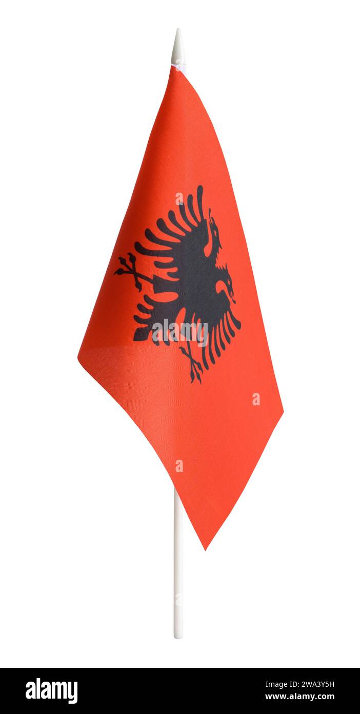 Drapeau de bureau Albanie découpé sur blanc. Banque D'Images