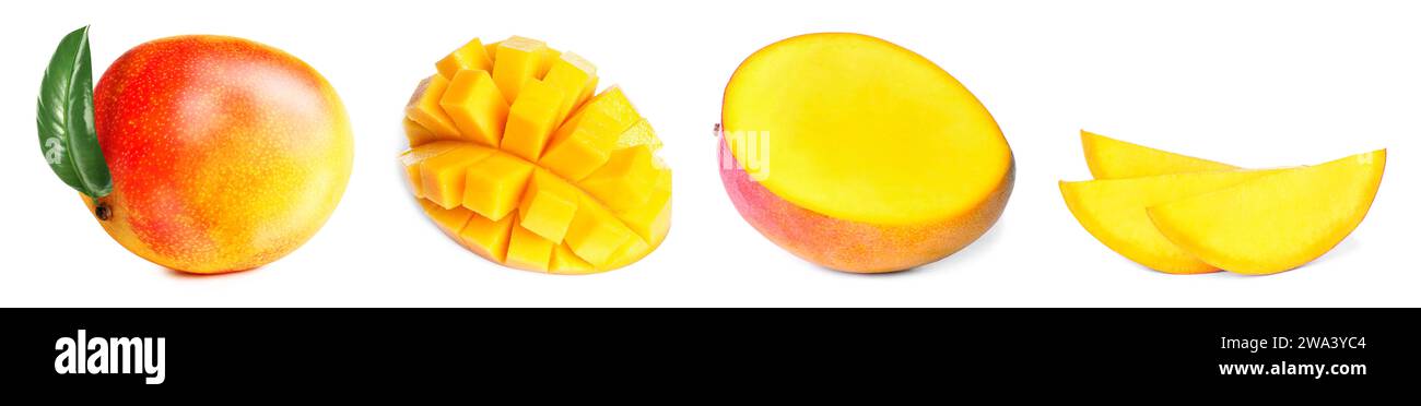 Fruits de mangue coupés de différentes manières et un tout isolé sur blanc Banque D'Images