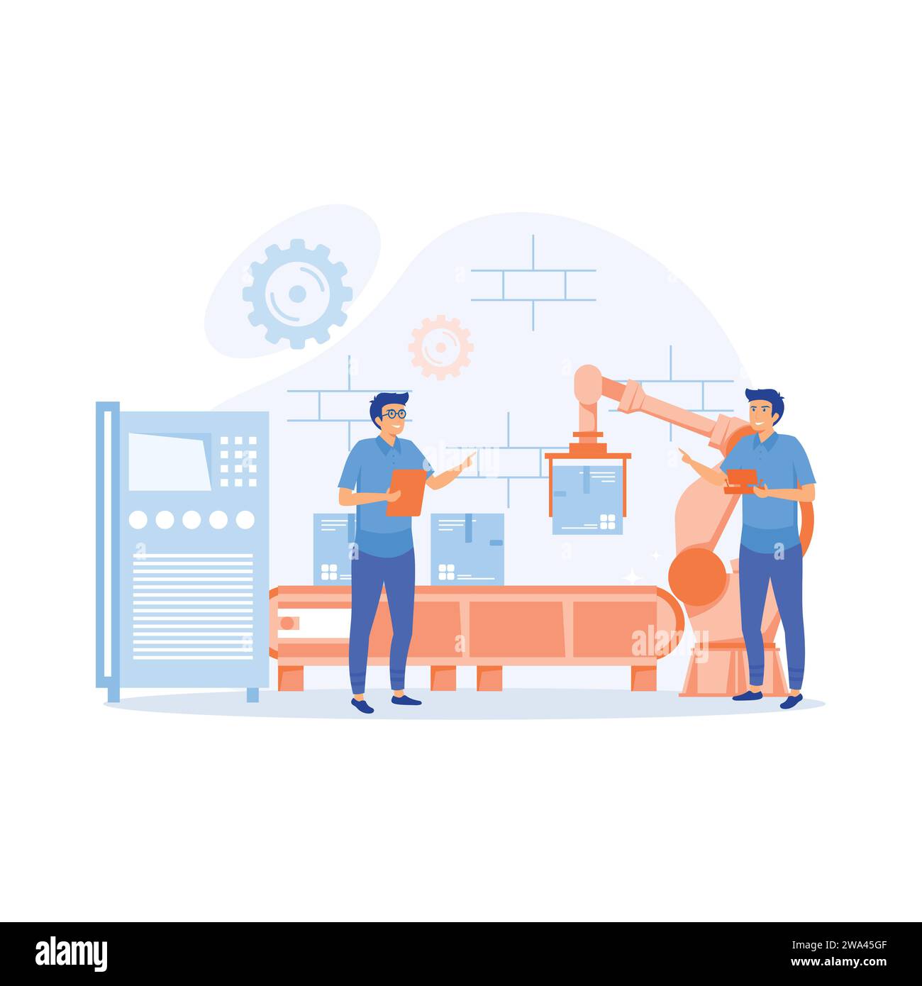 Industrie intelligente. Ingénieur travaillant avec une interface interactive. fabrication innovante, illustration moderne vectorielle plate Illustration de Vecteur