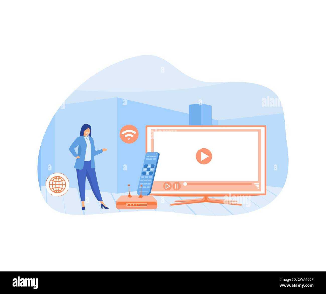 Smart tv. Les petites personnes regardent la vidéo avec la télécommande et la boîte multimédia de télévision. illustration moderne vectorielle plate Illustration de Vecteur