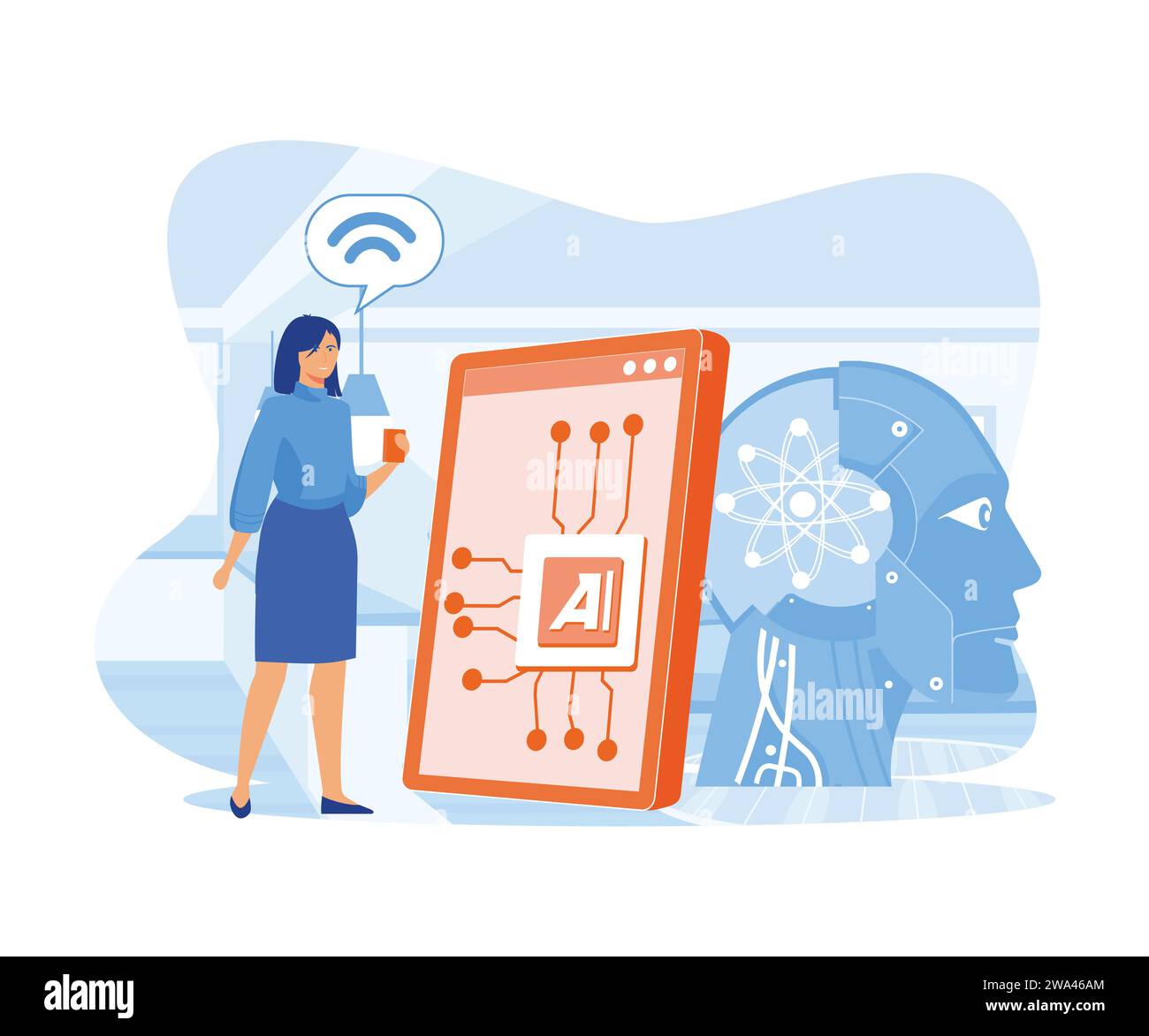 Concept d'intelligence artificielle. Cerveau numérique avec réseau neuronal. illustration moderne vectorielle plate Illustration de Vecteur