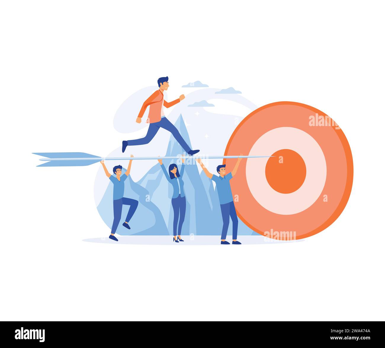 Concept de réalisation des objectifs commerciaux. L'équipe de gens d'affaires porte Huge Arrow avec un homme d'affaires debout sur le dessus en courant à Huge Target. vecteur plat moderne il Illustration de Vecteur