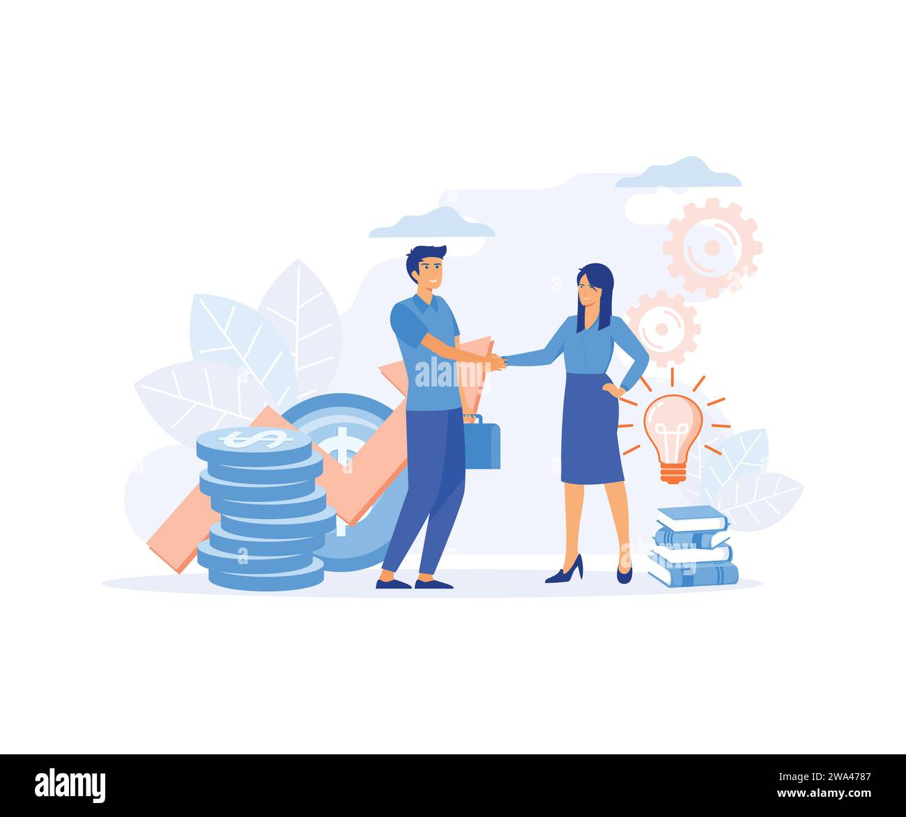 Croissance de l'entreprise. Business Porters une équipe réussie. L'investisseur détient de l'argent dans les idées. financement de projets créatifs. femme et homme d'affaires handsha Illustration de Vecteur