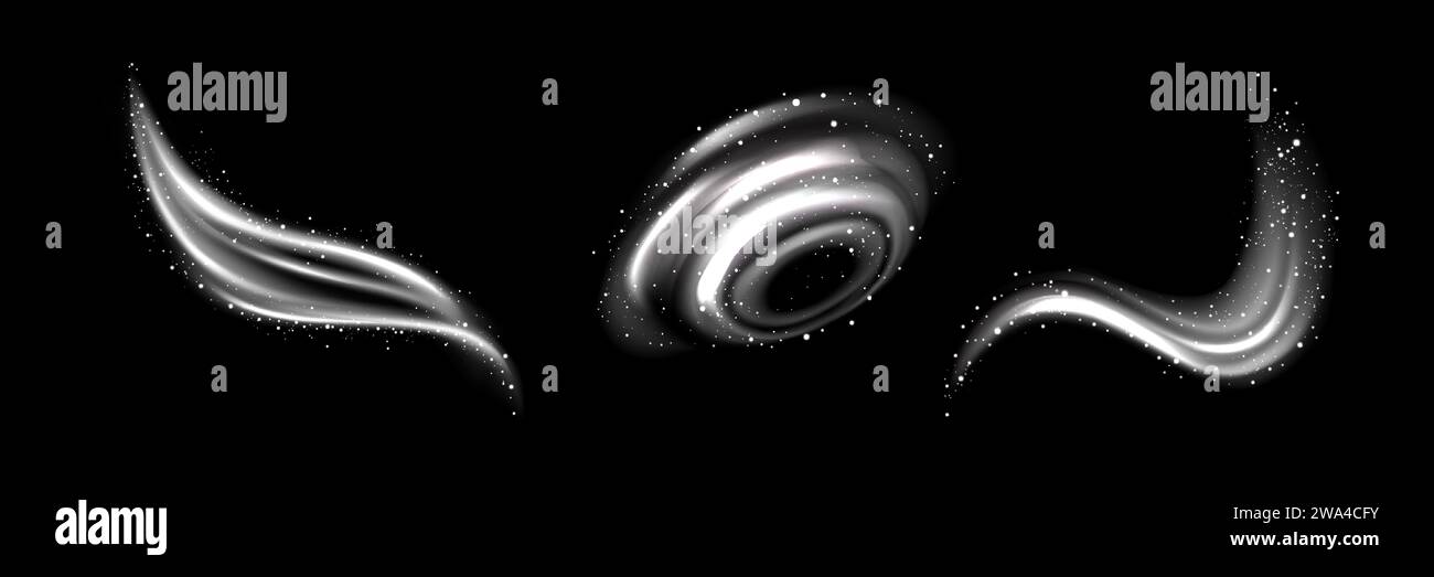 Tourbillons blancs ensemble isolé sur fond noir. Illustration réaliste vectorielle des ondes lumineuses au néon et du signe de l'infini, particules étincelantes magiques, piste d'arôme de blanchisserie propre, air frais givré en hiver Illustration de Vecteur