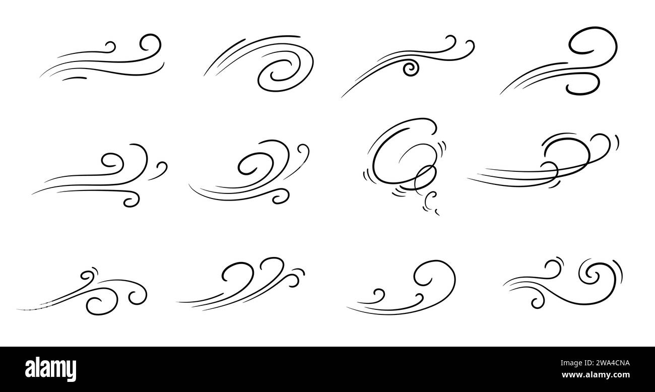 Doodle mouvements de vent d'air, coups de tempête venteux et vagues et boucles de flux d'ouragan, icônes vectorielles. Effets de bande dessinée de vent dans doodle dessin au trait, vent d'automne soufflant dans le mouvement de vitesse, vent spirale nuages de brise Illustration de Vecteur