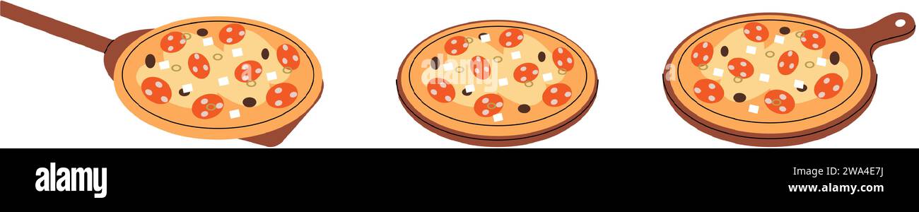 Pizza italienne sur des planches de bois. Restauration rapide italienne traditionnelle. Cuisine italienne, cuisine traditionnelle. Illustration vectorielle. Illustration de Vecteur