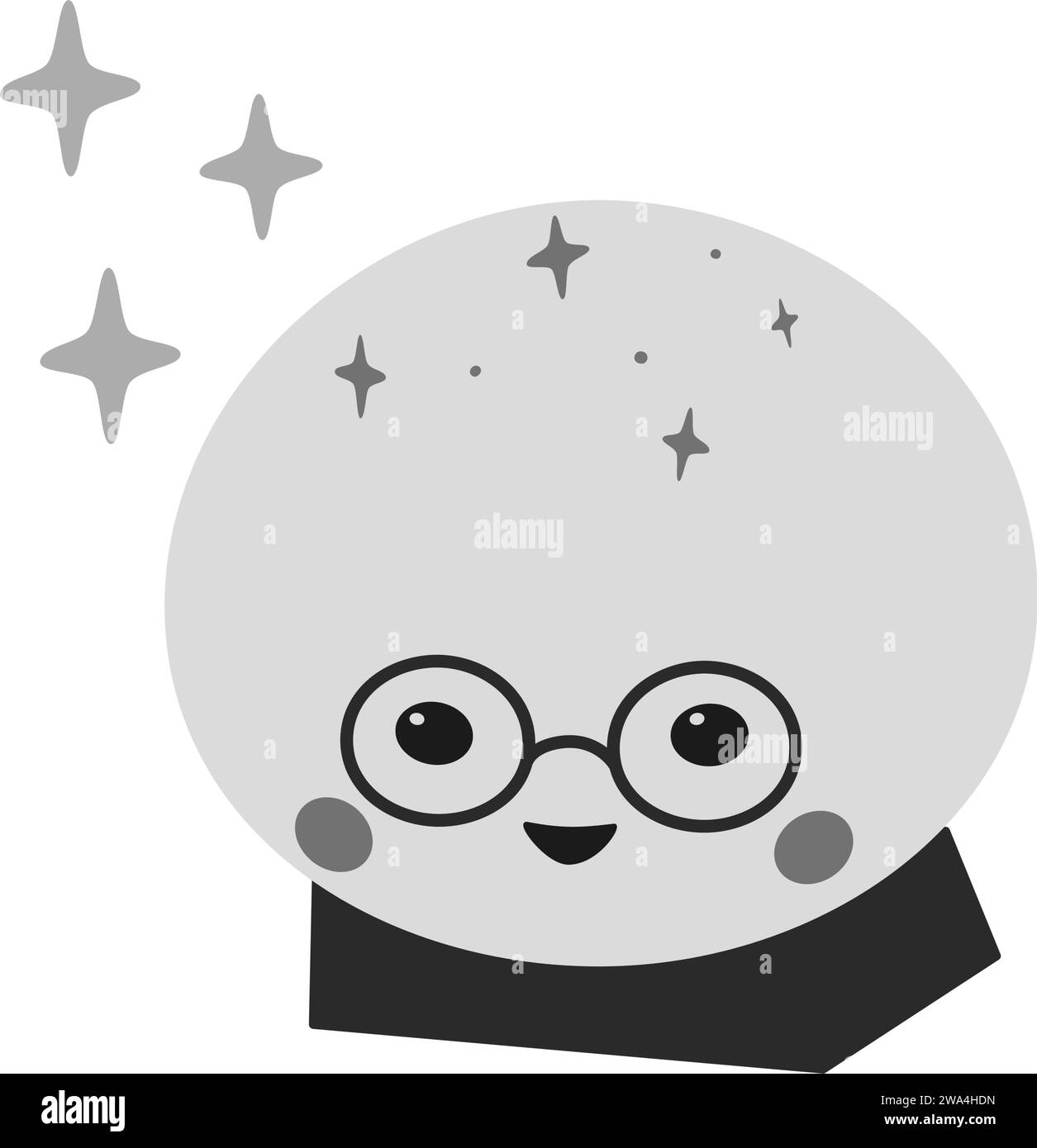 Boule de cristal magique pour dire la fortune et la prédiction. Personnage mignon dans des verres et étoile décorative. Monochrome. Isoler. EPS. Élément de conception de vecteur pour affiche, cartes, autocollant, icône ou web, étiquette de prix Illustration de Vecteur