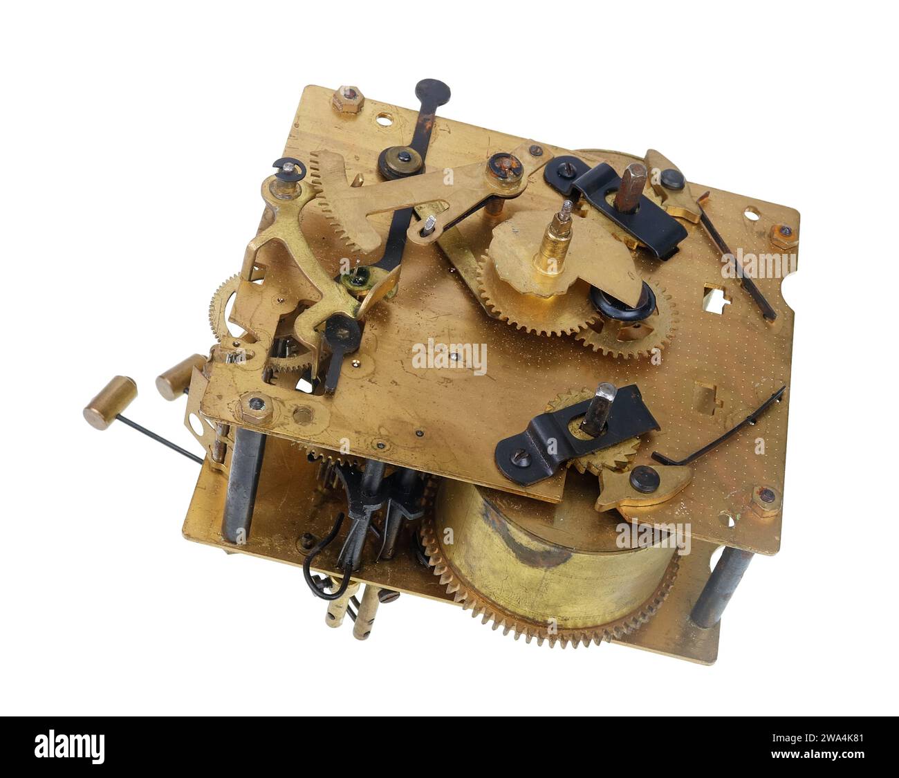 Vieux mécanisme d'horloge murale vintage isolé sur blanc Banque D'Images