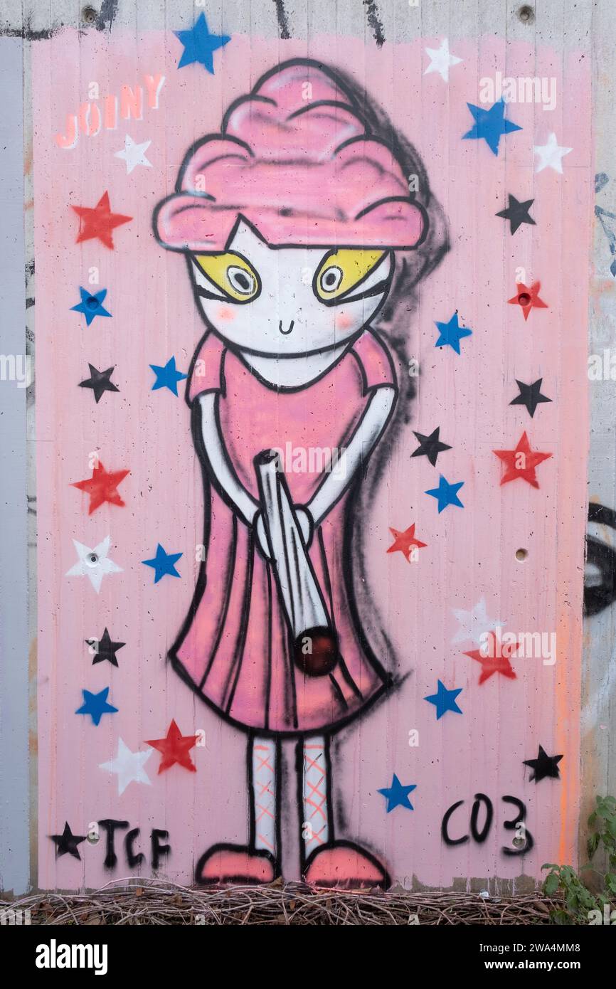 Street art par Joiny à Cologne-Nippes. Depuis 2013, la figure Joiny se trouve dans les rues de Cologne. Banque D'Images