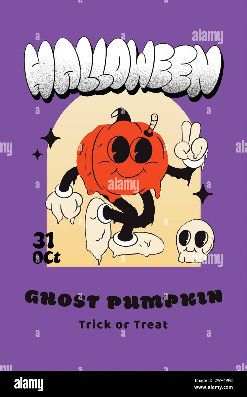 Affiche amusante créative de fête Halloween ou conception de carte d'invitation en fond violet avec personnage de citrouille de dessin animé, illustration vectorielle Illustration de Vecteur