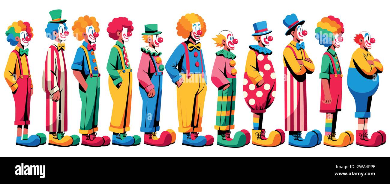 Illustration de style plat d'un groupe de clowns debout dans la ligne. Illustration de Vecteur