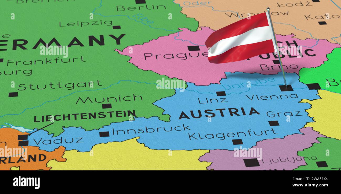 Autriche, Vienne - drapeau national épinglé sur la carte politique - illustration 3D. Banque D'Images