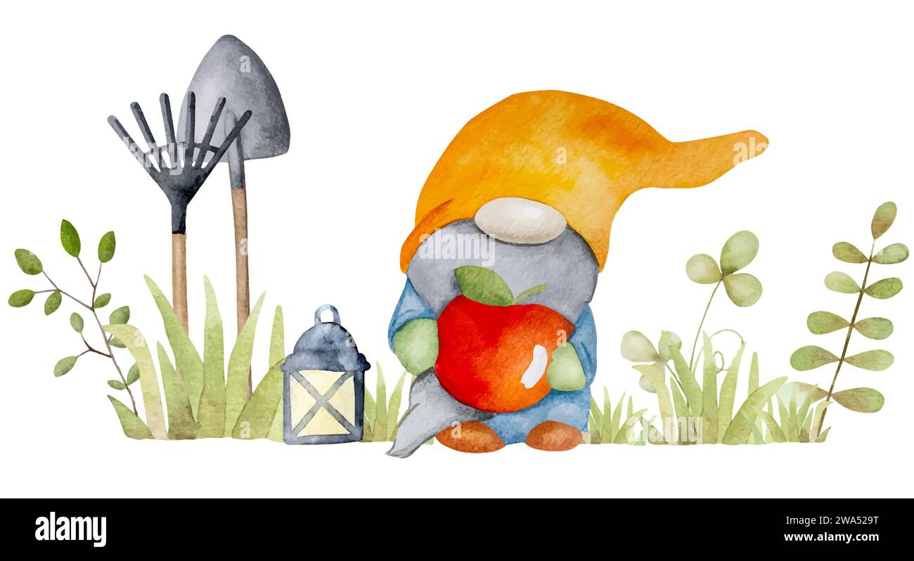 Nain coloré avec des outils de jardin et la lumière dans la peinture de dessin animé d'aquarelle d'herbe verte pour cartes postales. Mignon gnome avec dessin aquarelle de pomme rouge Illustration de Vecteur
