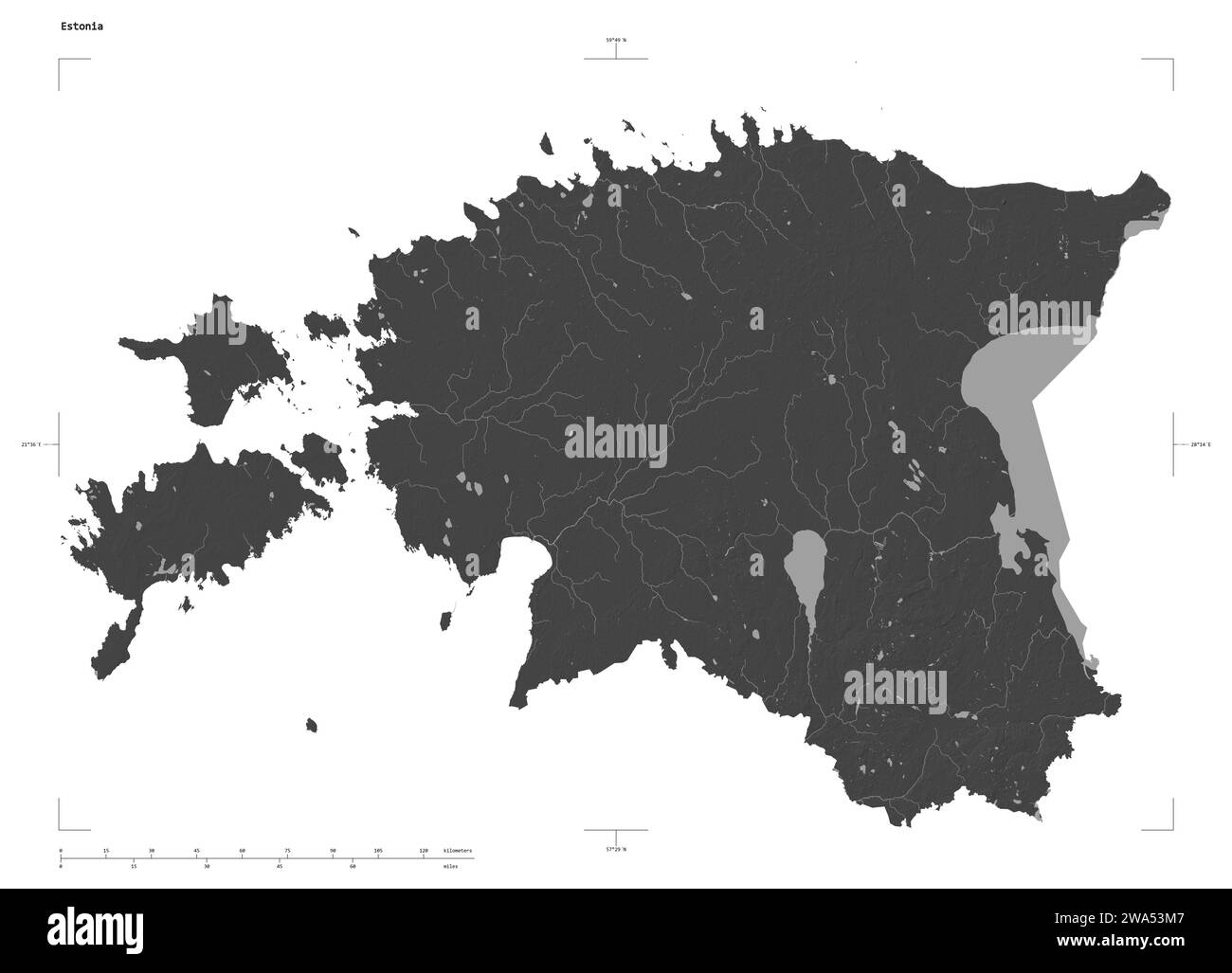 Forme d'une carte d'altitude à deux niveaux avec les lacs et les rivières de l'Estonie, avec l'échelle de distance et les coordonnées de la frontière de la carte, isolé sur blanc Banque D'Images