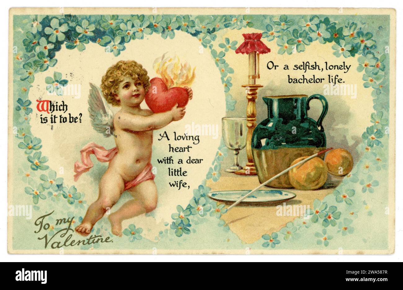 Carte de voeux de Saint-Valentin de l'époque édouardienne originale, chérubin tenant un cœur d'amour. Daté/publié le 13 février 1908, Royaume-Uni Banque D'Images