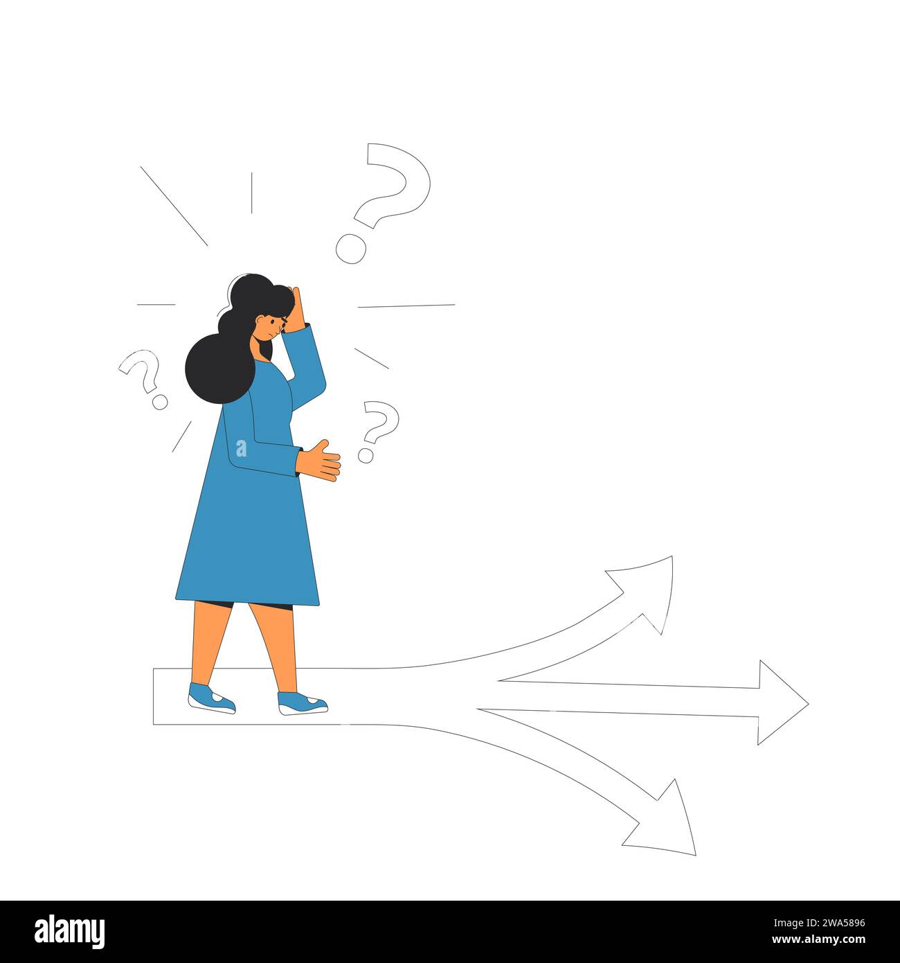 Jeune femme debout à la croisée des chemins. Plan de carrière. Personne ...