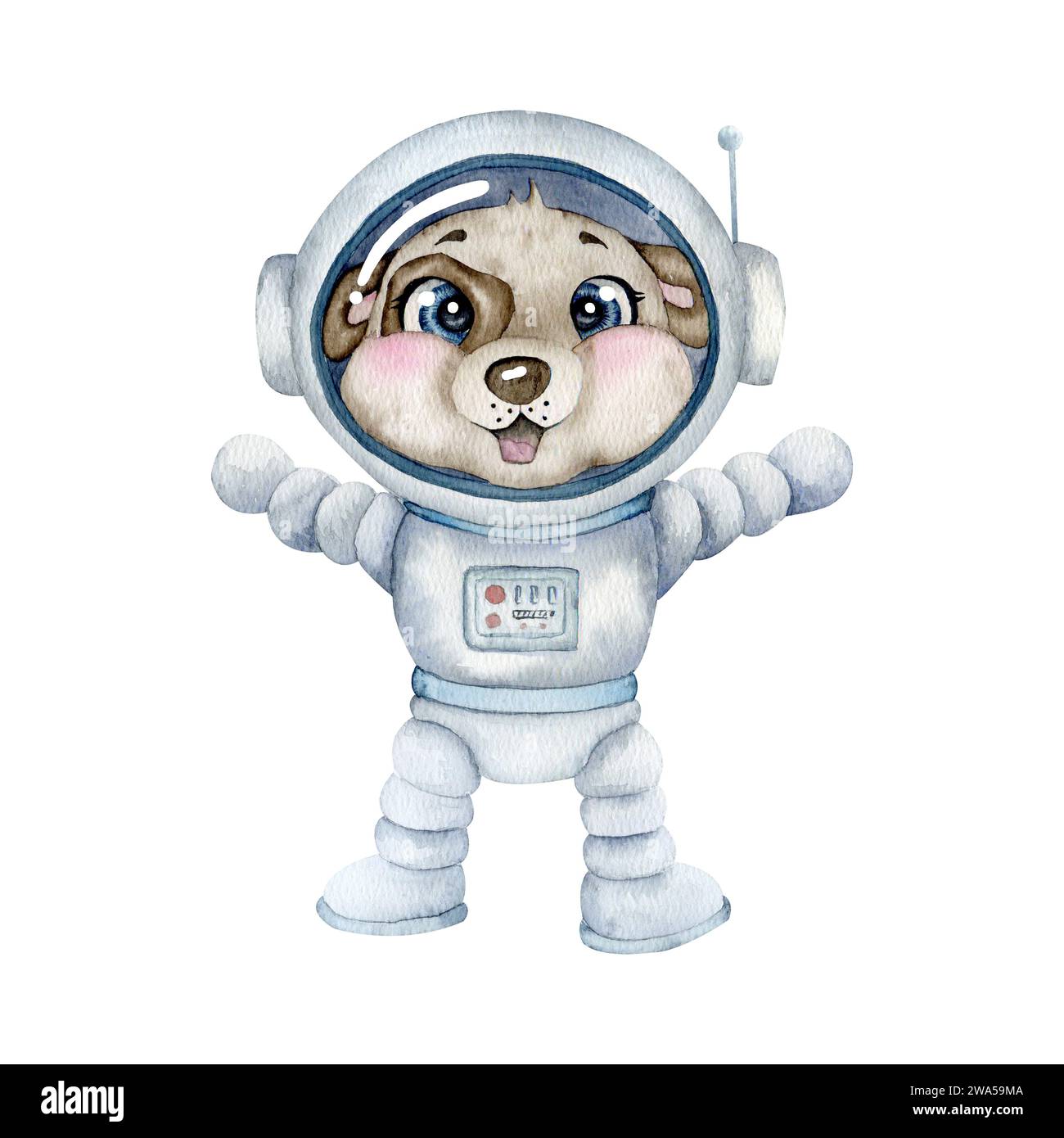 Chien astronaute aquarelle dans un costume spatial portant un casque Banque D'Images