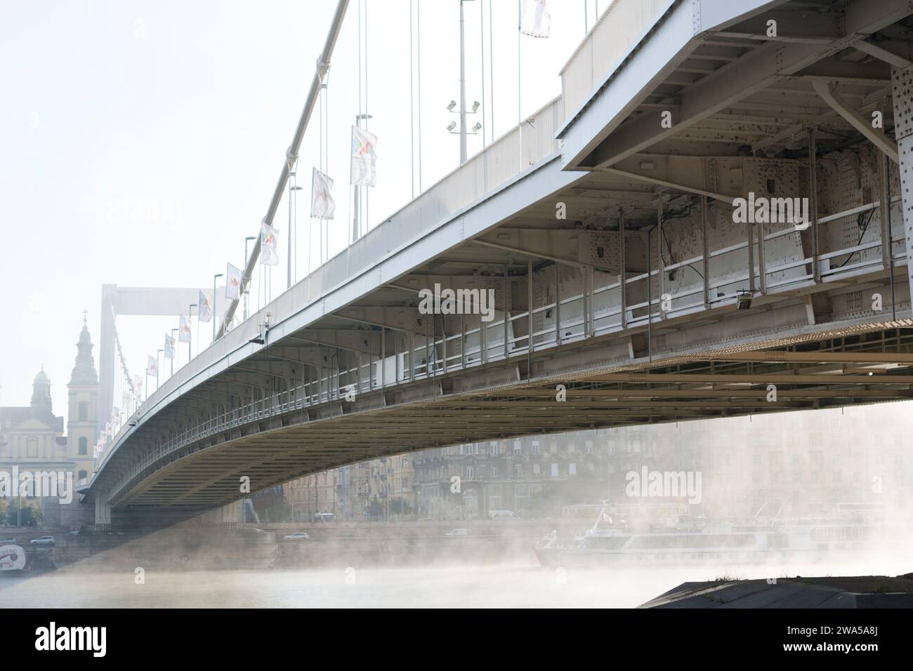 Hongrie, Budapest, Elisabeth Bridge dans la brume. Banque D'Images