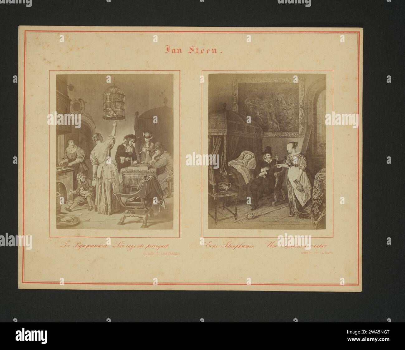 Productions photographiques de la cage du perroquet par Jan Steen et visite du médecin par Jan Steen, anonyme, d'après Jan Havicksz. Pierre, c. 1866 - c. 1874 photographie cette photo fait partie d'une couverture avec 25 photos. support photographique. papier blanc en carton personnes historiques. oiseaux dans une grande cage, volière. lit Banque D'Images
