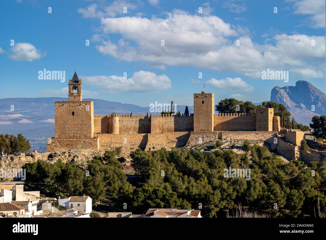 Vue générale de l'Alcazaba de Antequera, Malaga, Andalousie, Espagne, forteresse mauresque en plein jour Banque D'Images