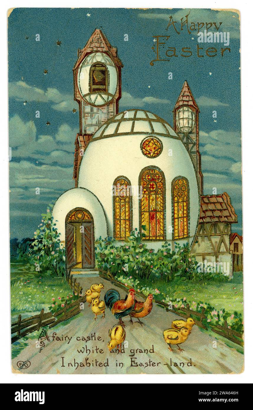 Carte de voeux de Pâques en relief précoce représentant une église en forme d'oeuf et des poussins. Daté/publié 1912, Royaume-Uni Banque D'Images