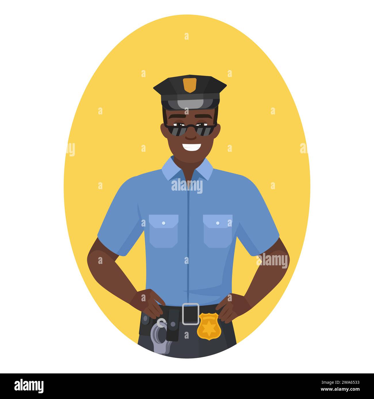 Policier noir en uniforme de travail. Illustration vectorielle de dessin animé d'officier de police masculin africain sourire cool Illustration de Vecteur