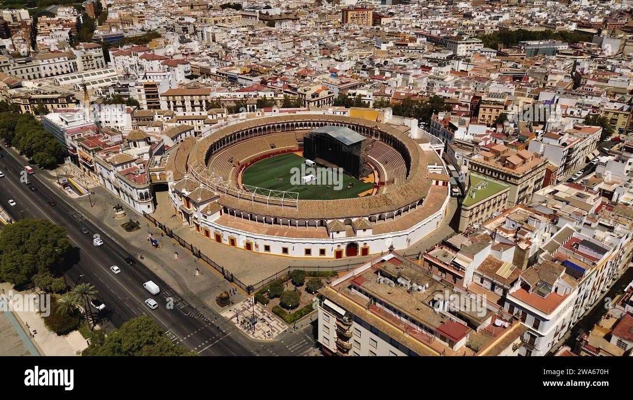 Drone photo arène de Sevilla, Plaza de toros de la Real Maestranza de Sevilla Espagne Europe Banque D'Images