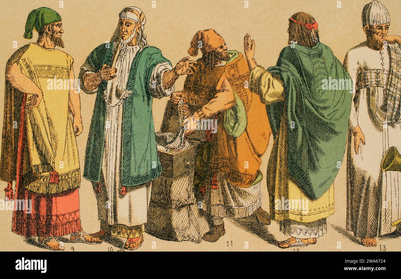 Hébreux. De gauche à droite, 9-10-11, costumes riches à l'époque de David et Salomon, 12 : tenue latine-hébraïque, 13 : tenue du prêtre. Chromolithogra Banque D'Images