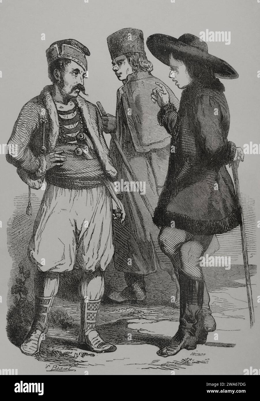 Un serbe, un Croate et un Allemand. Gravure par Trichon. Los Heroes y las Grandezas de la Tierra. Volume V. 1855. Banque D'Images