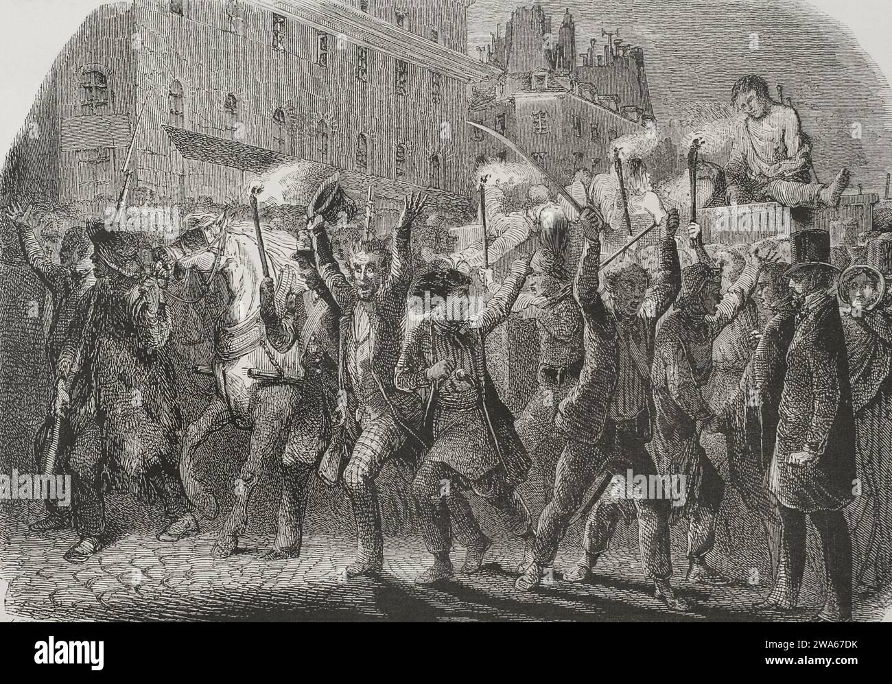Révolution française de 1848. Les Parisiens prennent les armes les 23 et 24 février 1848, entraînant l'abdication du roi Louis-Philippe Ier (1773-1850). La foule dans les rues de Paris dans la nuit du 23 février 1848. Le corbillard avec les morts. Gravure. Los Heroes y las Grandezas de la Tierra. Volume V, 1855. Banque D'Images
