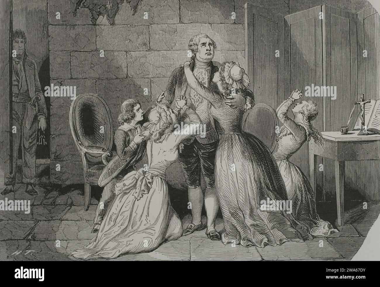 Louis XVI (1754-1793) Roi de France (1774-1792). En 1770, il épouse Marie-Antoinette. Louis XVI salue sa femme et ses enfants dans la nuit du 20 janvier 1793. Le lendemain matin, il est guillotiné sur une potence installée place de la Révolution à Paris. Gravure. Los Heroes y las Grandezas de la Tierra. Volume V. 1855 Banque D'Images