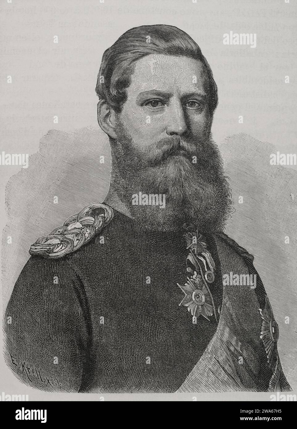 Frédéric III (1831-1888). Deuxième empereur allemand et huitième roi de Prusse pendant un peu plus de trois mois (du 9 mars au 15 juin 1888), à la suite de sa mort d'un cancer du larynx. En tant que prince héritier, il participe en tant que général à la guerre franco-prussienne, commandant la IIIe armée allemande. Portrait. Gravure par E. Krell. Historia de la Guerra Franco-Alemana de 1870-1871. Publié à Barcelone, 1891. Banque D'Images