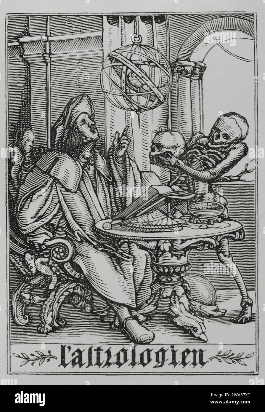 L'astrologue. Profession qui prévoit la mort mais qui en est surprise. Fac-similé d'une gravure appartenant à la série 'la danse de la mort' de Hans Holbein le Jeune, dans 'les Simulachres et histoires facies de la mortt', 1538. Vie militaire et religieuse au Moyen Age et a l'époque de la Renaissance. Paris, 1877. Banque D'Images