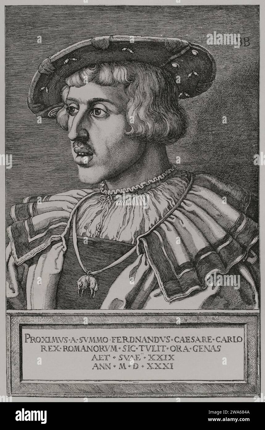Ferdinand Ier (1503-1564). Empereur romain germanique à partir de 1558, à la suite de l'abdication de Charles V. Portrait. Gravure de Barthel Beham en 1531. 'Les Arts au Moyen Age et a l'époque de la Renaissance', de Paul Lacroix. Paris, 1877. Banque D'Images