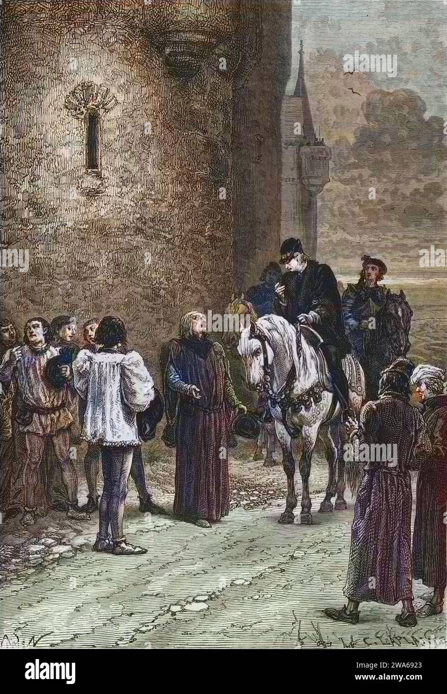 Louis XI et Burgesses attendent des nouvelles - Louis XI avec les bourgeois de Paris - l trouve devant la porte des bourgeois qui attend des nouvelles - gravure from 'l'histoire de France racontée a mes petits-enfantss' - par Francois Guizot - 1872-1876 - Banque D'Images