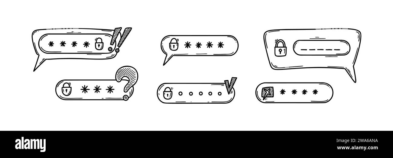 Concept de sécurité Internet Doodle. Vérification de l'utilisateur, connexion, déconnexion. Mot de passe oublié illustration vectorielle d'esquisse. Application mobile et interface utilisateur pc Illustration de Vecteur