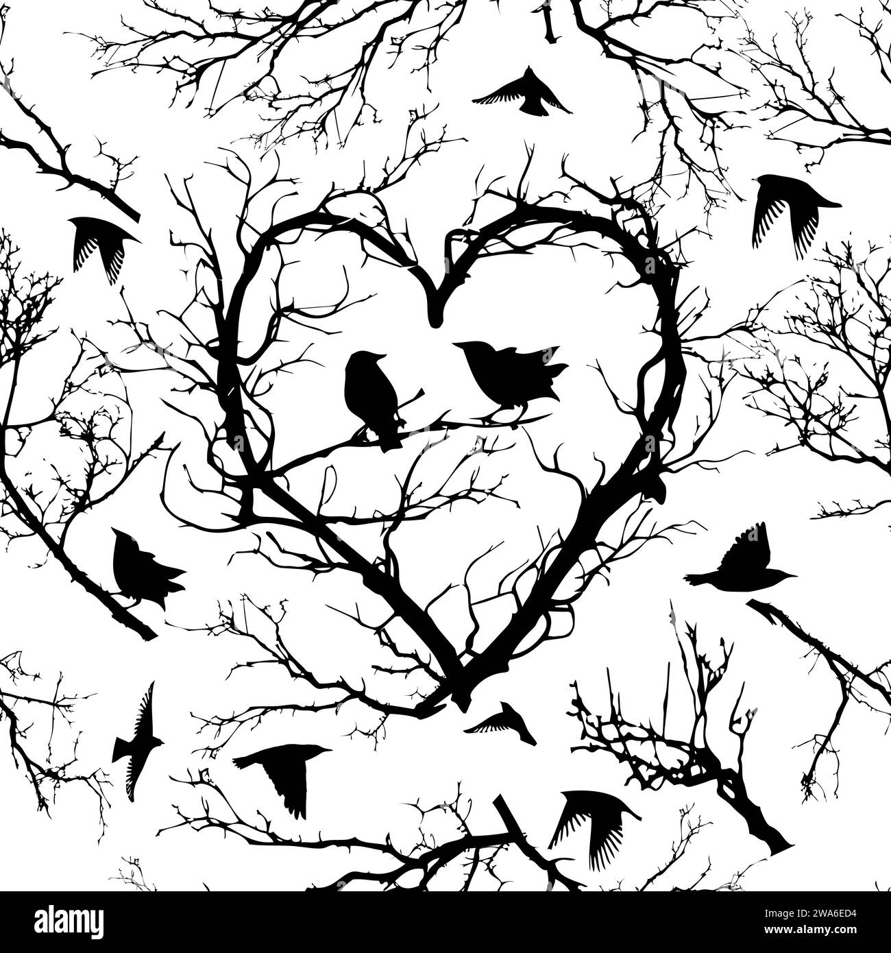 Aimer l'arbre d'oiseau fond sans couture. dessin à la main. Pas IA. SstkLOVE . Bonne Saint Valentin. Illustration vectorielle. Illustration de Vecteur